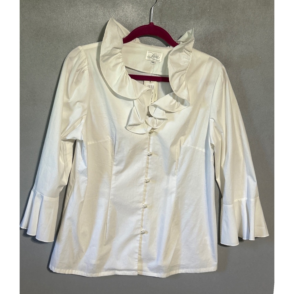 Lisa White Ruffle Collar Blouse XL Pearl Button 3/4 Bell Sleeve Cotton Top NEW